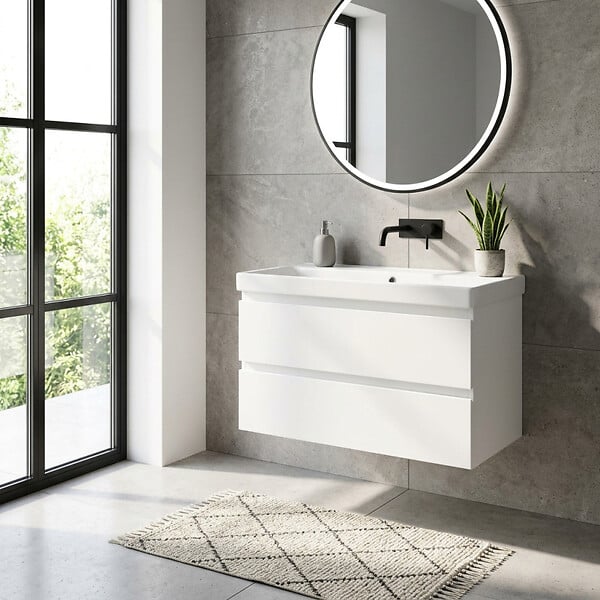 SWISS AQUA TECHNOLOGIES - Meuble de salle de bain suspendu 100 cm avec lavabo, 2 tiroirs, blanc brillant, SAT B-Way (BWAY2100WU1BI) - large