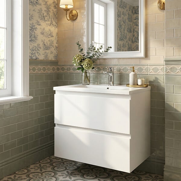 SWISS AQUA TECHNOLOGIES - Meuble salle de bain suspendu 59 x 50 x 45 cm blanc brillant 2 tiroirs avec lavabo en marbre coulé SAT B-Way (BWAY260WU) - large