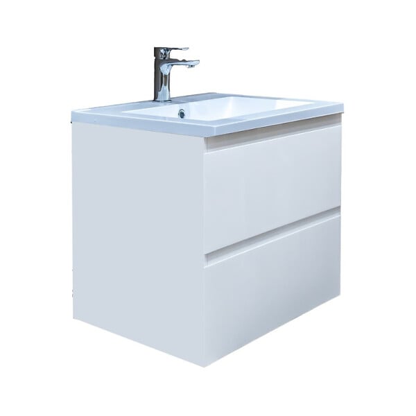 SWISS AQUA TECHNOLOGIES - Meuble salle de bain suspendu 59 x 50 x 45 cm blanc brillant 2 tiroirs avec lavabo en marbre coulé SAT B-Way (BWAY260WU) - large