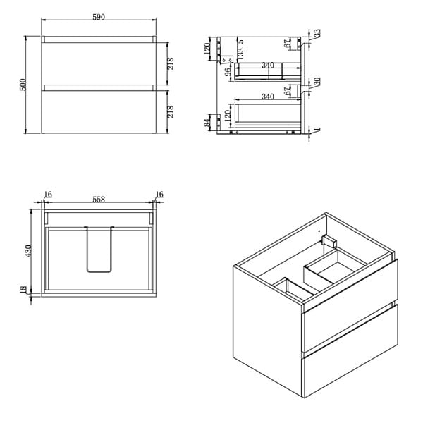 SWISS AQUA TECHNOLOGIES - Meuble salle de bain suspendu 59 x 50 x 45 cm blanc brillant 2 tiroirs avec lavabo en marbre coulé SAT B-Way (BWAY260WU) - large