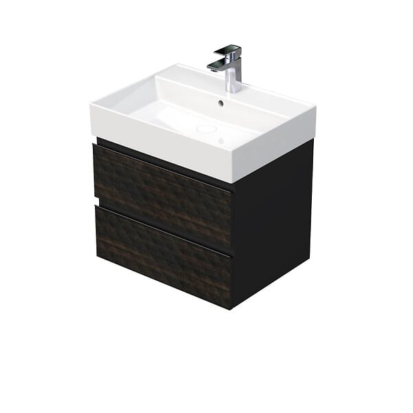 SWISS AQUA TECHNOLOGIES - Cube Way 60x47,5x46 cm meuble de salle de bain suspendu 2 tiroirs avec lavabo en céramique, marron mat (CUBE3D46602ZHSAT) - large