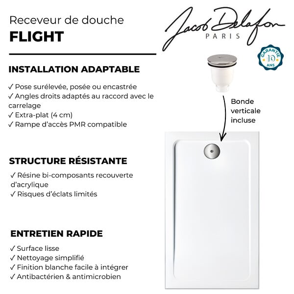 JACOB DELAFON - Receveur de douche 110 x 80 cm Flight rectangle blanc avec bonde verticale chromé - large