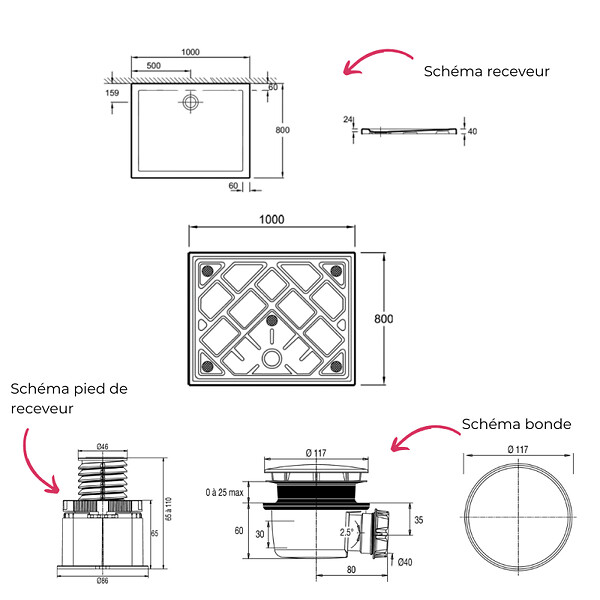 JACOB DELAFON - Receveur de douche 100 x 80 Gaspard rectangle céramique avec kit de réhausse et bonde - large