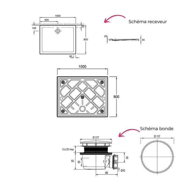 JACOB DELAFON - Receveur de douche 100 x 80 Gaspard rectangle céramique avec bonde - large