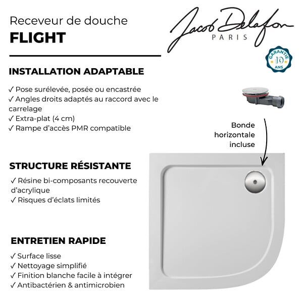 JACOB DELAFON - Receveur de douche 90 x 90 cm Flight quart de rond blanc avec bonde horizontale chromé - large