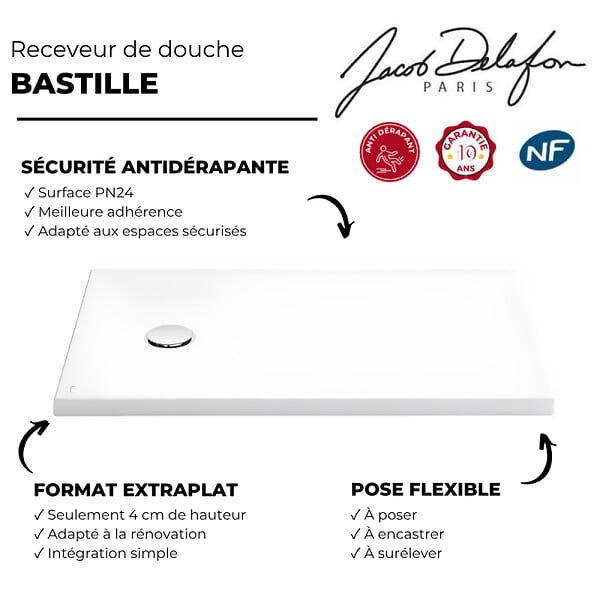 JACOB DELAFON - Receveur de douche antidérapant 90 x 90 cm Bastille céramique - large