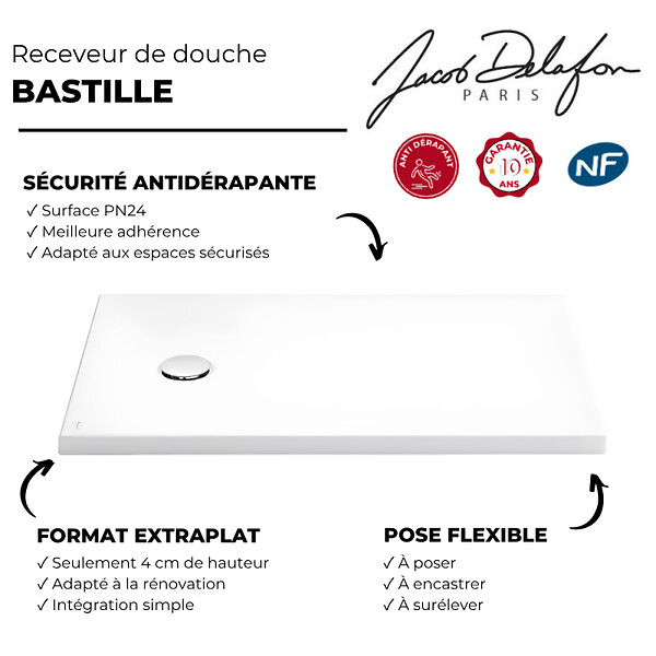 JACOB DELAFON - Receveur de douche antidérapant 120 x 80 cm Bastille céramique - large