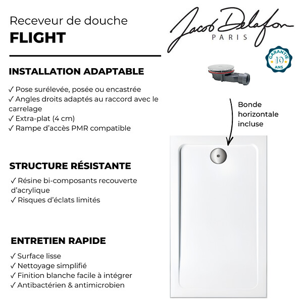 JACOB DELAFON - Receveur de douche 100 x 80 cm Flight rectangle blanc avec bonde horizontale chromé - large