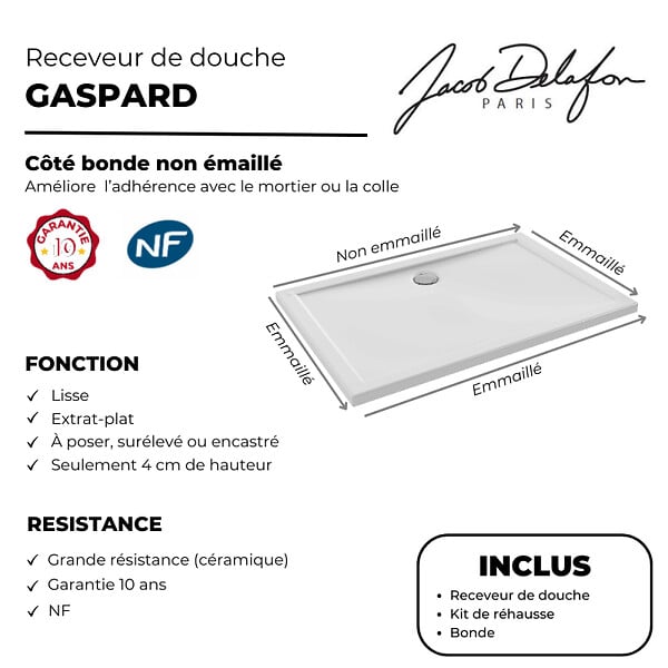 JACOB DELAFON - Receveur de douche 90 x 90 Gaspard céramique carré avec kit de réhausse et bonde - large