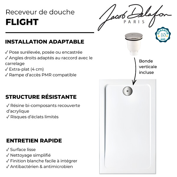 JACOB DELAFON - Receveur de douche 100 x 70 cm Flight rectangle blanc avec bonde verticale chromé - large
