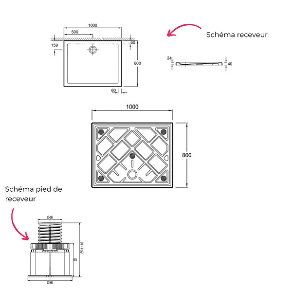 JACOB DELAFON - Receveur de douche 100 x 80 Gaspard rectangle céramique avec kit de réhausse - large