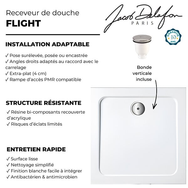 JACOB DELAFON - Receveur de douche 100 x 100 cm Flight carré blanc avec bonde verticale chromé - large