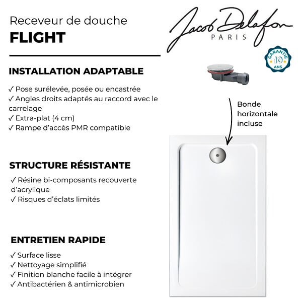 JACOB DELAFON - Receveur de douche 160 x 76 cm Flight rectangle blanc avec bonde horizontale chromé - large