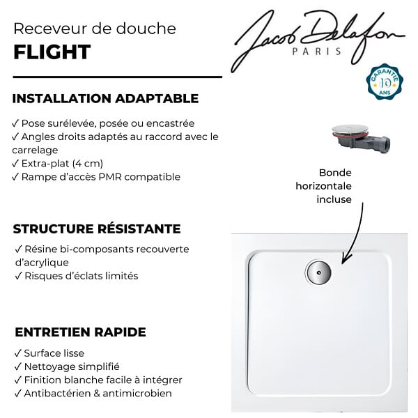 JACOB DELAFON - Receveur de douche 80 x 80 cm Flight carré blanc avec bonde horizontale chromé - large