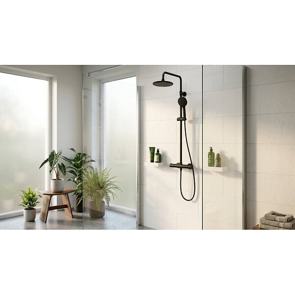 SWISS AQUA TECHNOLOGIES - Basic ensemble de douche avec mitigeur thermostatique, douche de tête, douchette à main, noir mat (SATSSTKEBC) - large