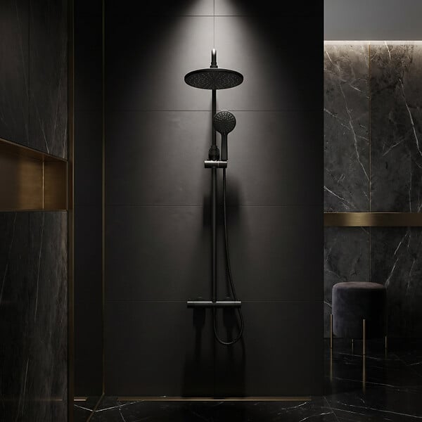 SWISS AQUA TECHNOLOGIES - Basic ensemble de douche avec mitigeur thermostatique, douche de tête, douchette à main, noir mat (SATSSTKEBC) - large