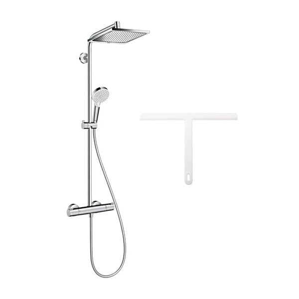 HANSGROHE - Hansgrohe Colonne de douche Crometta E 240 EcoSmart + raclette de douche silicone, crochet de suspension, blanc (27281000-HSB) - large