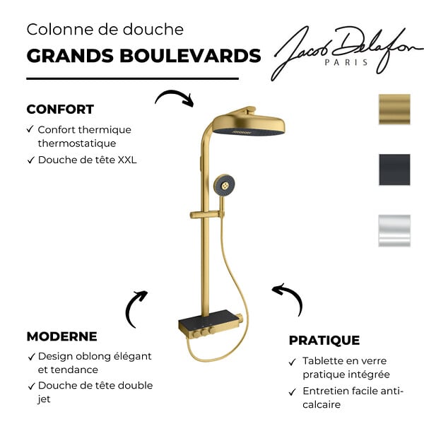 JACOB DELAFON - Colonne de douche thermostatique Grands Boulevards avec tablette en verre laiton brossé - large