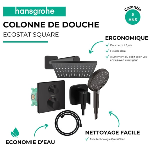 HANSGROHE - Colonne douche thermostatique Ecostat Square Douche de tête Vernis Flexible Designflex Douchette Raindance SelectS noir - large