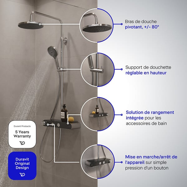 DURAVIT - Colonne de douche thermostatique Shelf 1050 chromé et noir brillant - large
