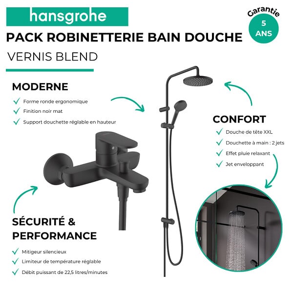 HANSGROHE - Pack mitigeur bain douche mécanique Vernis Blend + colonne Vernis Blend 200 noir mat - large