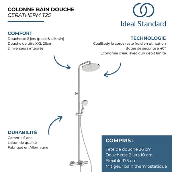 IDEAL STANDARD - Colonne bain douche thermostatique VitrA Aquaheat Bliss 250 B - large