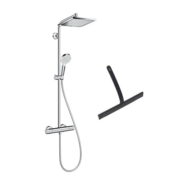 HANSGROHE - Hansgrohe Colonne de douche Crometta E 240 EcoSmart + raclette de douche avec crochet de suspension, noir mat (27281000-HSC) - large