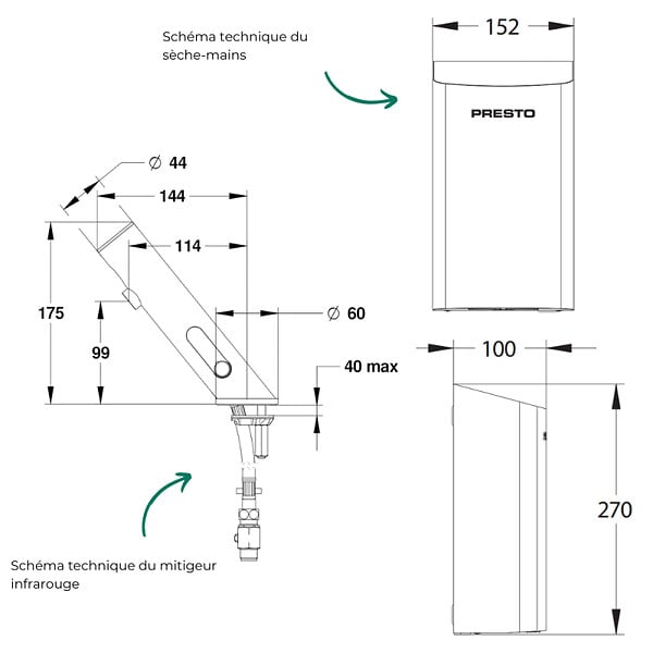 PRESTO - Pack mitigeur infrarouge avec robinet d'arrêt + Sèche-main Linea Cuivre brossé - large
