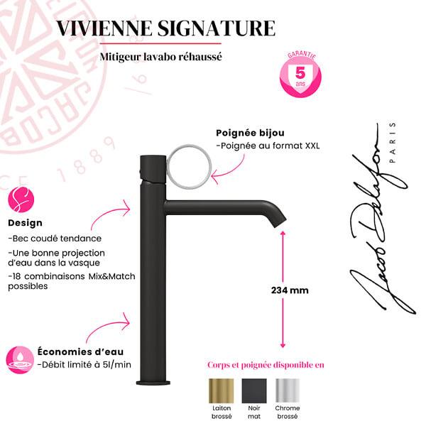 JACOB DELAFON - Mitigeur lavabo haut Vivienne chromé brossé avec bague chromée brossée - large
