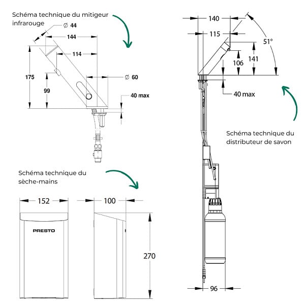 PRESTO - Pack mitigeur infrarouge avec robinet d'arrêt + Distributeur de savon infrarouge + Sèche-main Linea Inox brossé - large