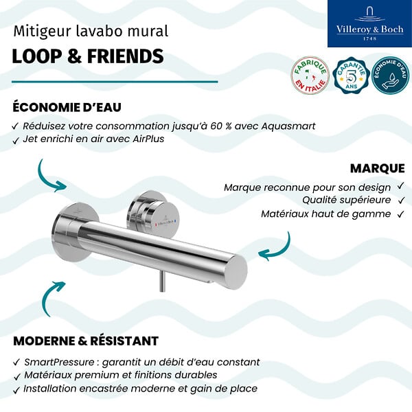 VILLEROY ET BOCH - Mitigeur lavabo mural  Loop & Friends chromé - large