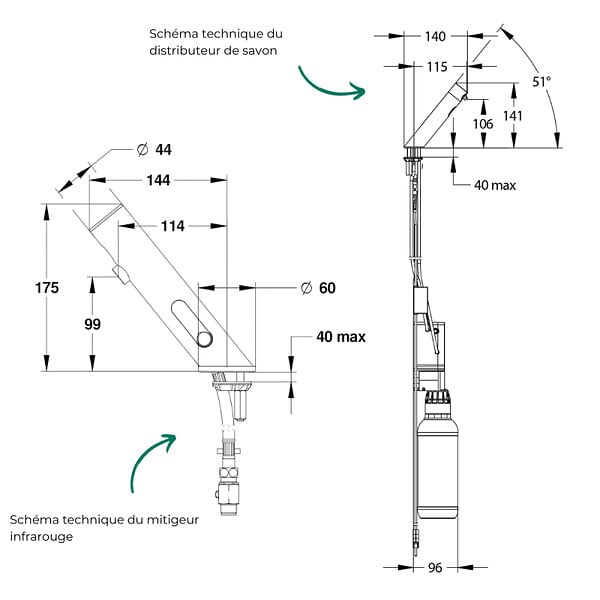 PRESTO - Pack mitigeur infrarouge avec robinet d'arrêt + Distributeur de savon infrarouge Linea Chromé - large