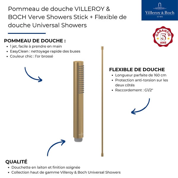 VILLEROY ET BOCH - Pommeau de douche Verve Showers Stick + Flexible de douche Universal Showers 160 cm Or brossé - large