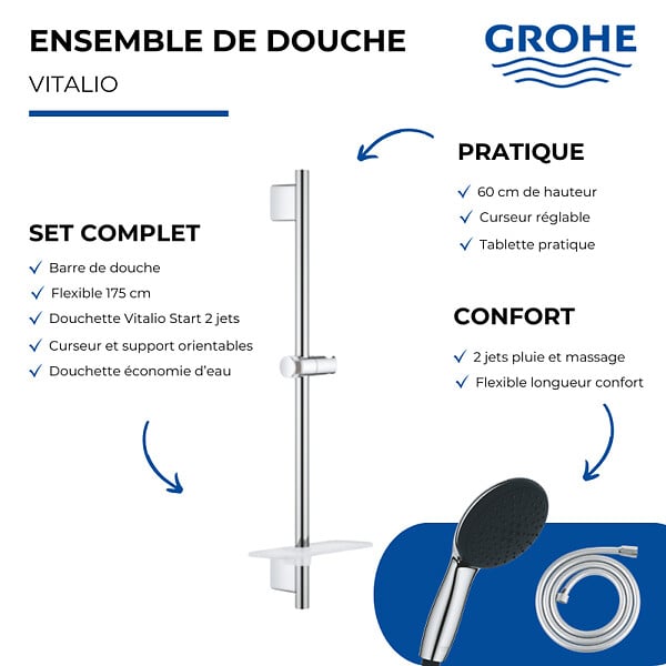 GROHE - Pack douchette 2 jets Vitalio Start 110 + Barre 60cm Quickfix Vitalio Smartactive + Flexible 175cm VitalioFlex chromé - large