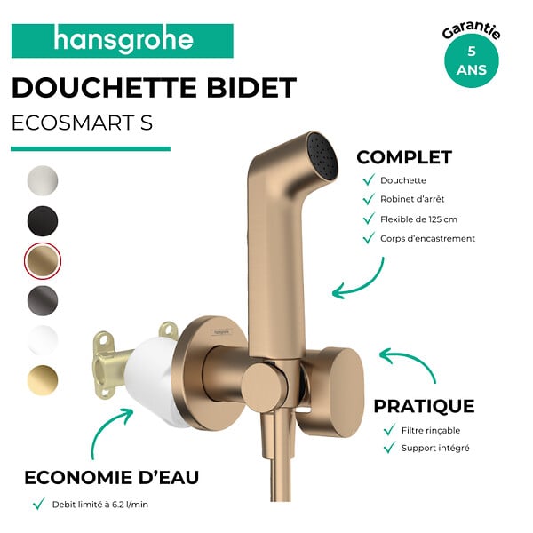 HANSGROHE - Douchette bidette EcoSmart S avec robinet d'arret et corps d'encastrement Bronze brossé - large
