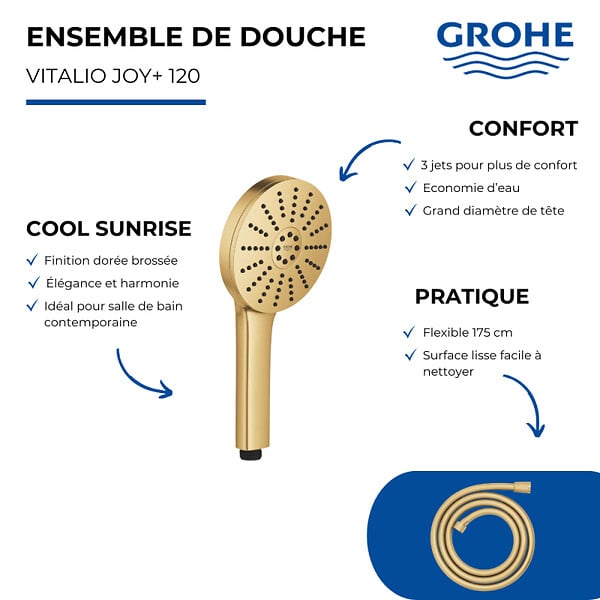 GROHE - Douchette Vitalio Joy+ 120 + Flexible 175 cm Cool Sunrise - large