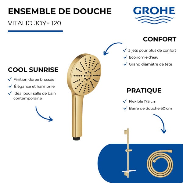 GROHE - Barre de douche Rainshower + Douchette Vitalio Joy+ 120 + Flexible 175 cm Cool Sunrise - large