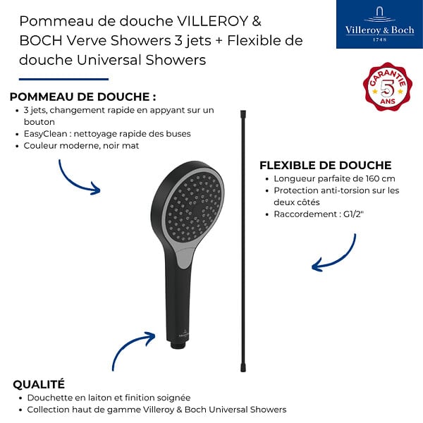 VILLEROY ET BOCH - Pommeau de douche Verve Showers 3 jets + Flexible de douche Universal Showers 160 cm Noir mat - large