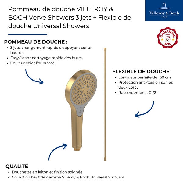 VILLEROY ET BOCH - Pommeau de douche Verve Showers 3 jets + Flexible de douche Universal Showers 160 cm Or brossé - large