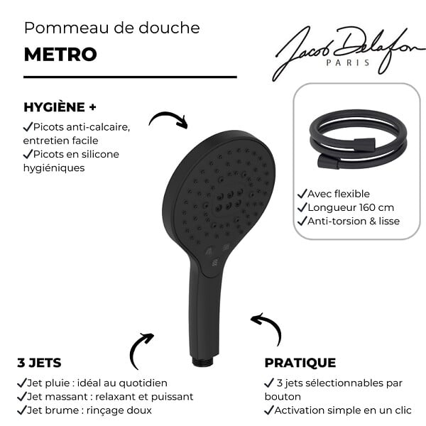 JACOB DELAFON - Pommeau de douche 3 jets Metro signature noir mat + flexible - large