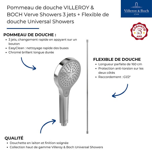 VILLEROY ET BOCH - Pommeau de douche Verve Showers 3 jets + Flexible de douche Universal Showers 160 cm Chromé - large