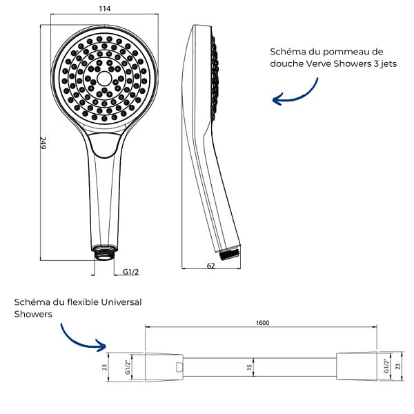 VILLEROY ET BOCH - Pommeau de douche Verve Showers 3 jets + Flexible de douche Universal Showers 160 cm Chromé - large