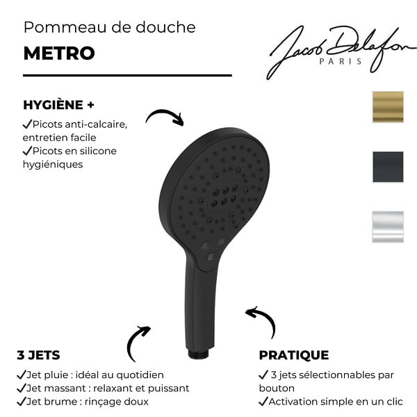 JACOB DELAFON - Pommeau de douche 3 jets Metro signature noir mat - large