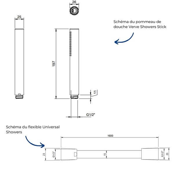VILLEROY ET BOCH - Pommeau de douche Verve Showers Stick + Flexible de douche Universal Showers 160 cm Chromé - large