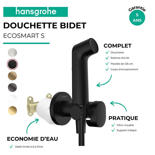 HANSGROHE - Douchette bidette EcoSmart S avec robinet d'arret et corps d'encastrement Noir mat - large