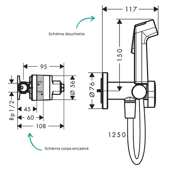 HANSGROHE - Douchette bidette EcoSmart S avec robinet d'arret et corps d'encastrement Noir mat - large