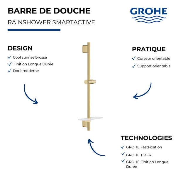 GROHE - Barre de douche avec tablette Rainshower SmartActive Cool Sunrise - large
