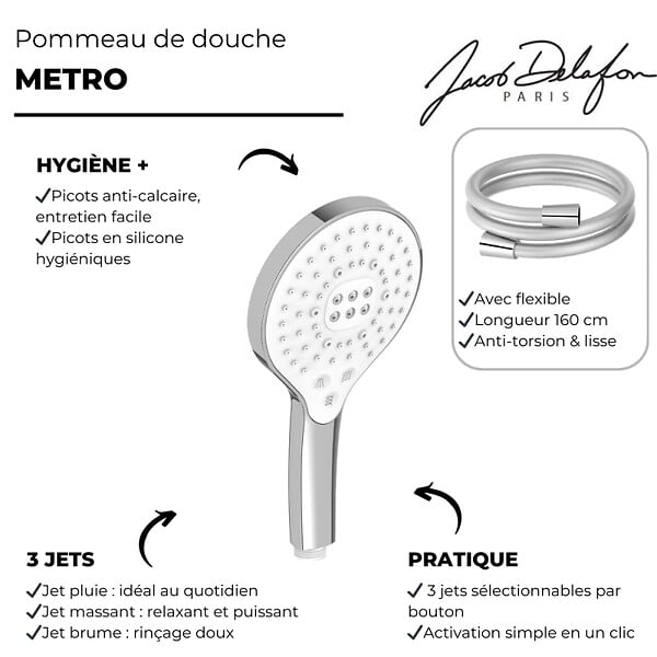 JACOB DELAFON - Pommeau de douche 3 jets Metro signature chromé + flexible - large