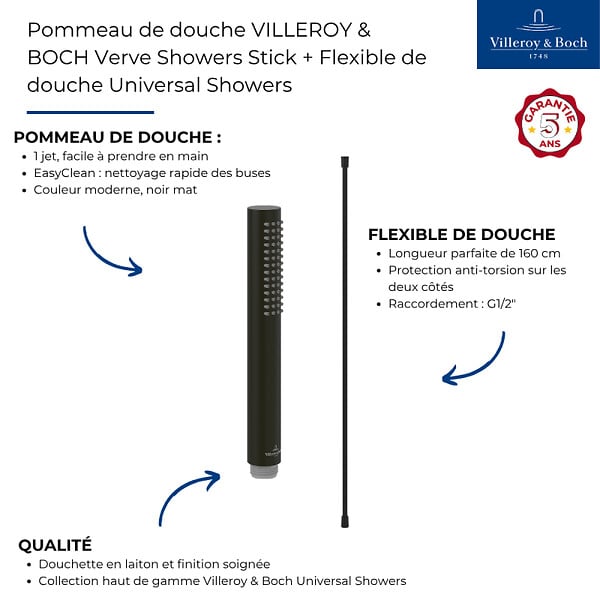 VILLEROY ET BOCH - Pommeau de douche Verve Showers Stick + Flexible de douche Universal Showers 160 cm Noir mat - large