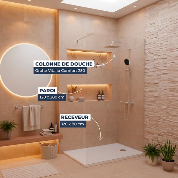 GROHE - Pack Douche Complet – Paroi Walk-In 120x200 Chrome + Colonne Grohe Vitalio 2 Jets + Receveur Marbre Coulé Blanc 120x80 - large